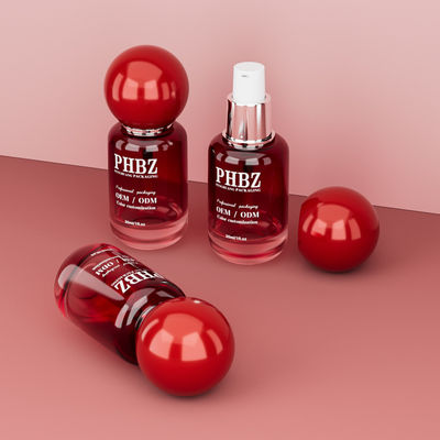 30 ml / 1 oz Pustka butelka z czerwonym szklanym serum kosmetycznym z okrągłą czapką kulkową, kolorystyczny OEM ODM opakowanie do pielęgnacji skóry do oleju eterycznego